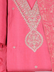 Embroidered Chanderi Pink Unstitched Suit With Pant & Dupatta