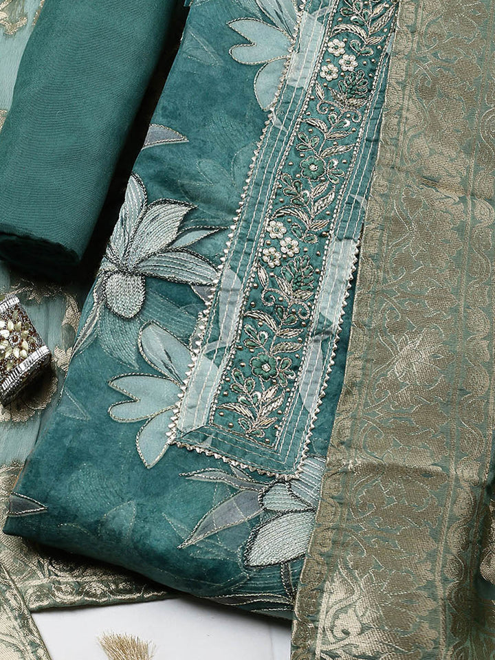 Embroidered Organza Unstitched Suit With Pant &amp; Dupatta