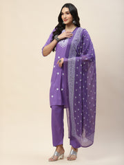 Resham Embroidery Cotton Kurta With Pants & Dupatta