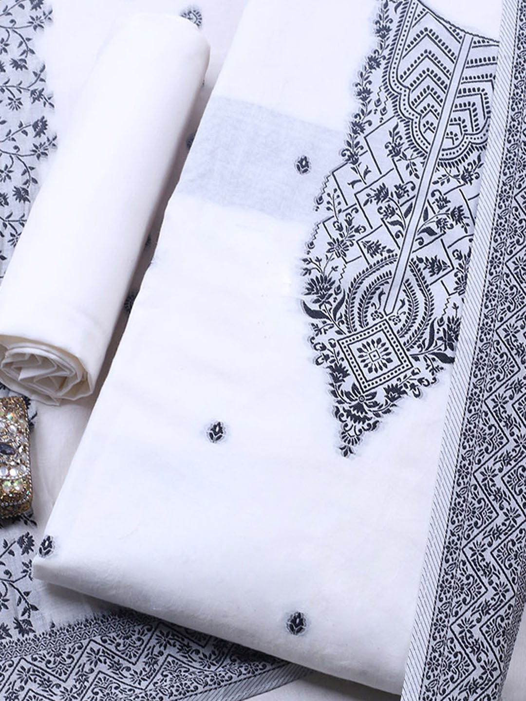 Woven Design Cotton Blend Unstitched Suit With Pant &amp; Dupatta