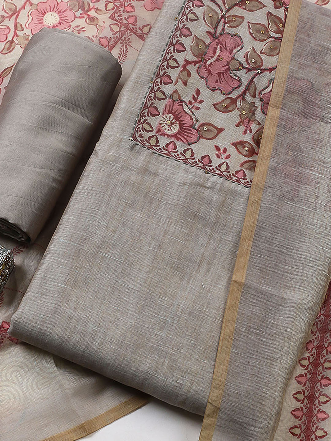 Embroidered Chanderi Unstitched Suit With Pant &amp; Dupatta