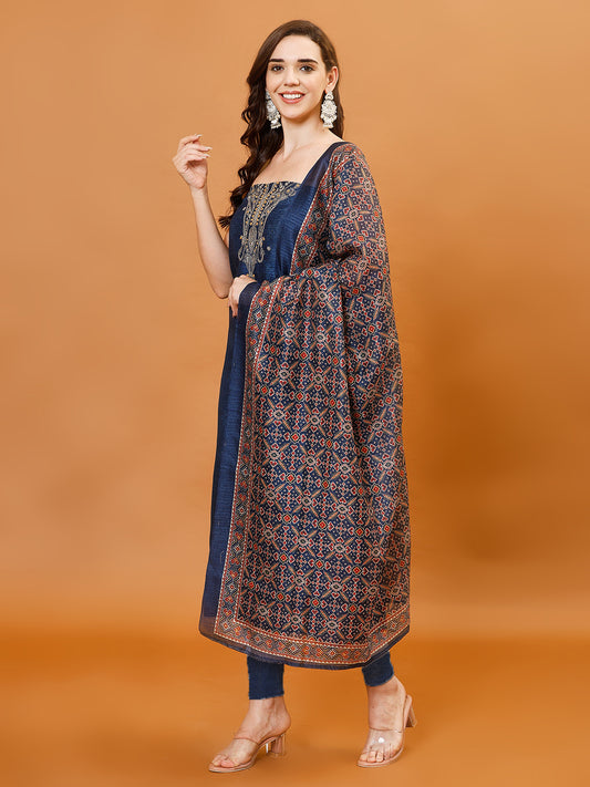 Neck Embroidered Chanderi Unstitched Suit Piece With Printed Dupatta