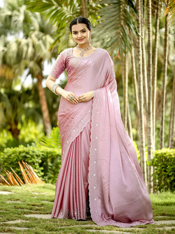 Cutdana Embroidered Chinnon Saree