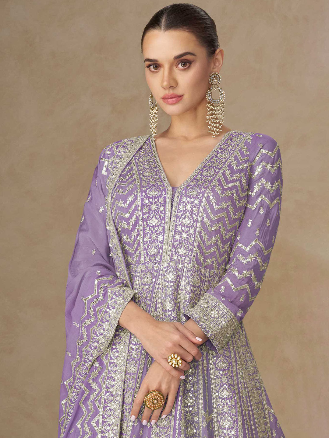 Embroidered Chinon Suit With Pant &amp; Dupatta
