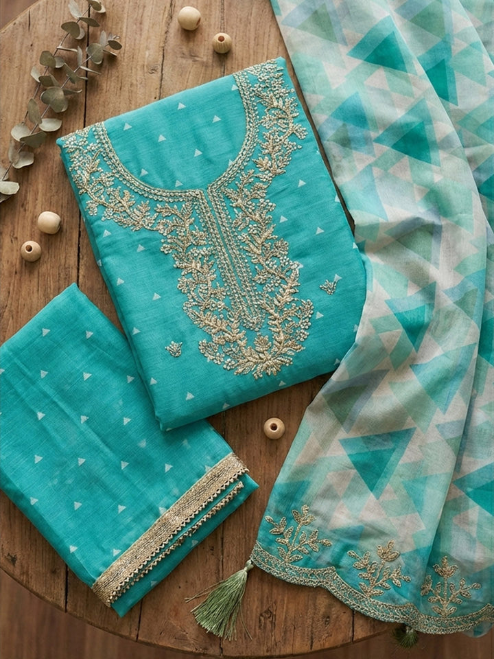 Embroidered Chanderi Unstitched Suit With Pant &amp; Dupatta