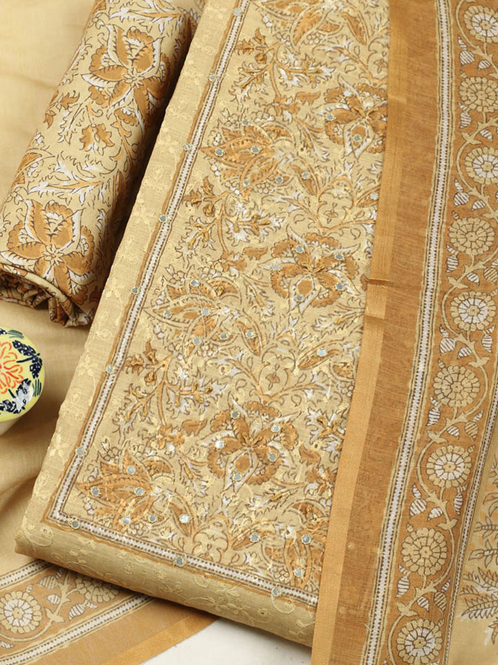 Embroidered Chanderi Unstitched Suit With Pant &amp; Dupatta