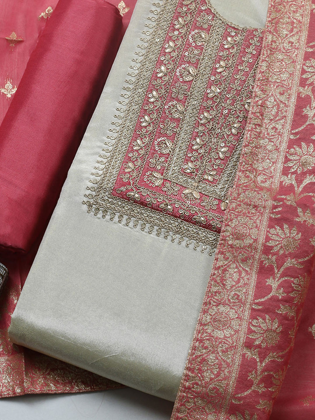 Embroidered Tissue Unstitched Suit With Pant &amp; Dupatta