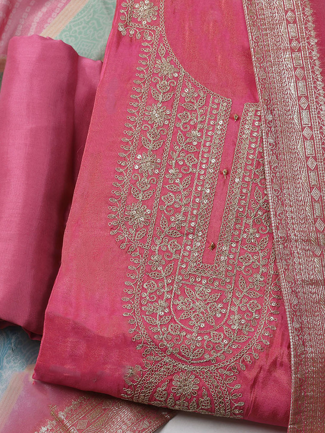 Embroidered Tissue Unstitched Kurta With Pant &amp; Dupatta