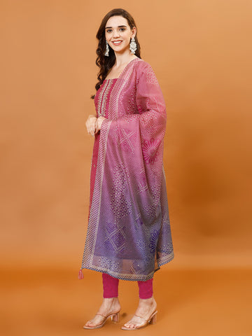 Bandhani Print Chanderi Unstitched Suit Piece With Dupatta