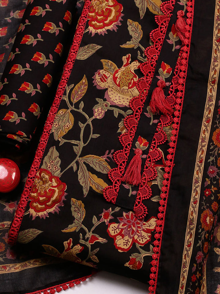 Embroidered Cotton Blend Unstitched Suit With Pant &amp; Dupatta