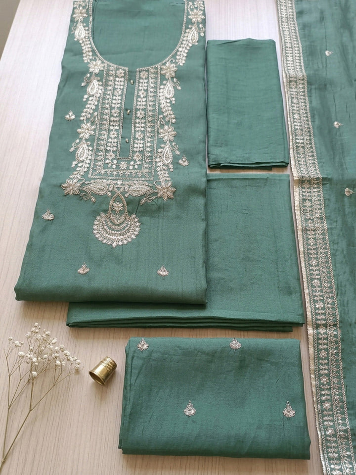 Embroidered Cotton Blend Unstitched Suit With Pant &amp; Dupatta