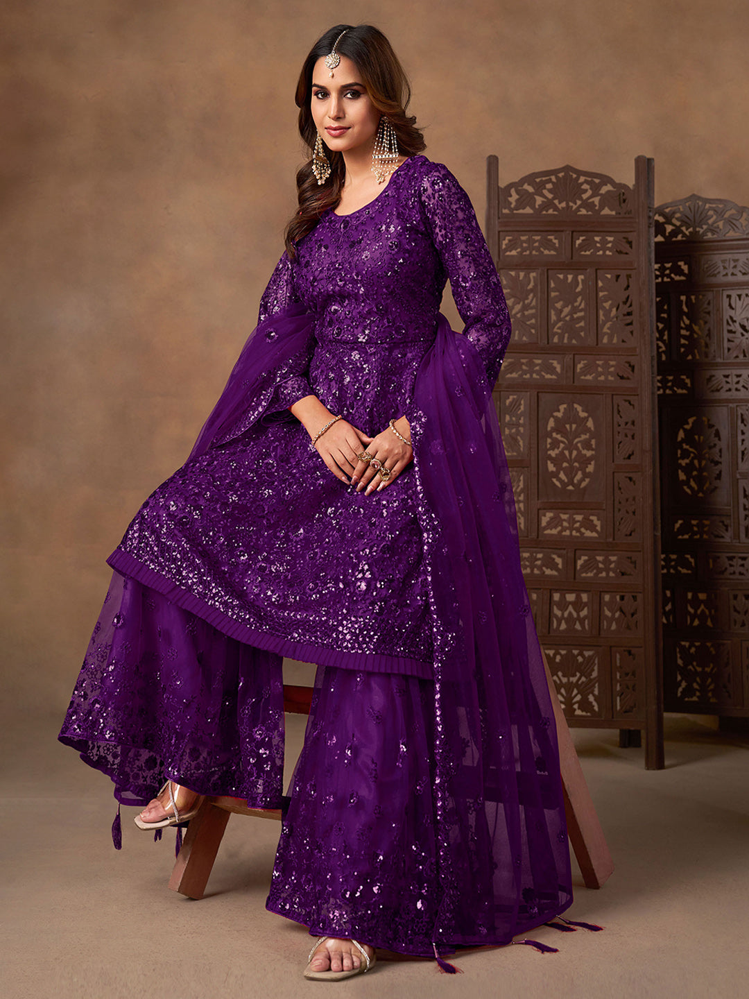 Embroidered Net Semi Stitched Kurta With Sharara &amp; Dupatta