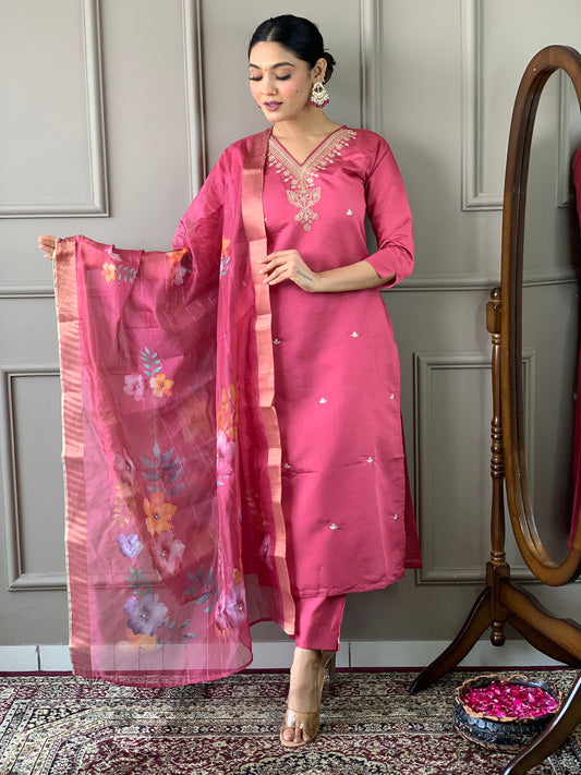 Neck Embroidered Chanderi Kurta With Pants & Dupatta