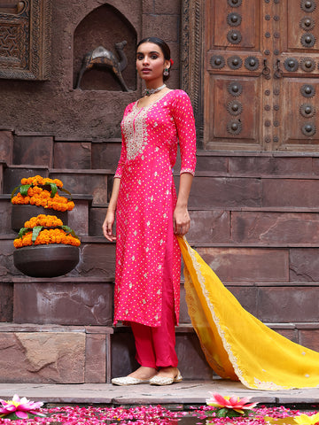 Bandhej Neck Embroidery Satin Unstitched Suit With Dupatta