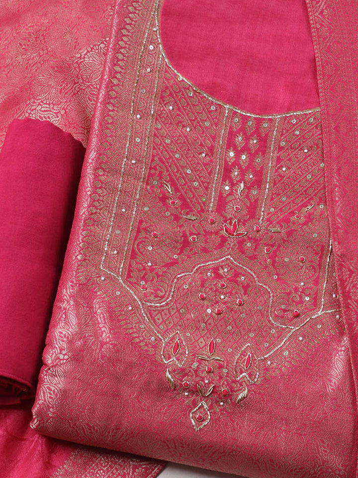 Embroidered Chanderi Unstitched Kurta With Pant &amp; Dupatta