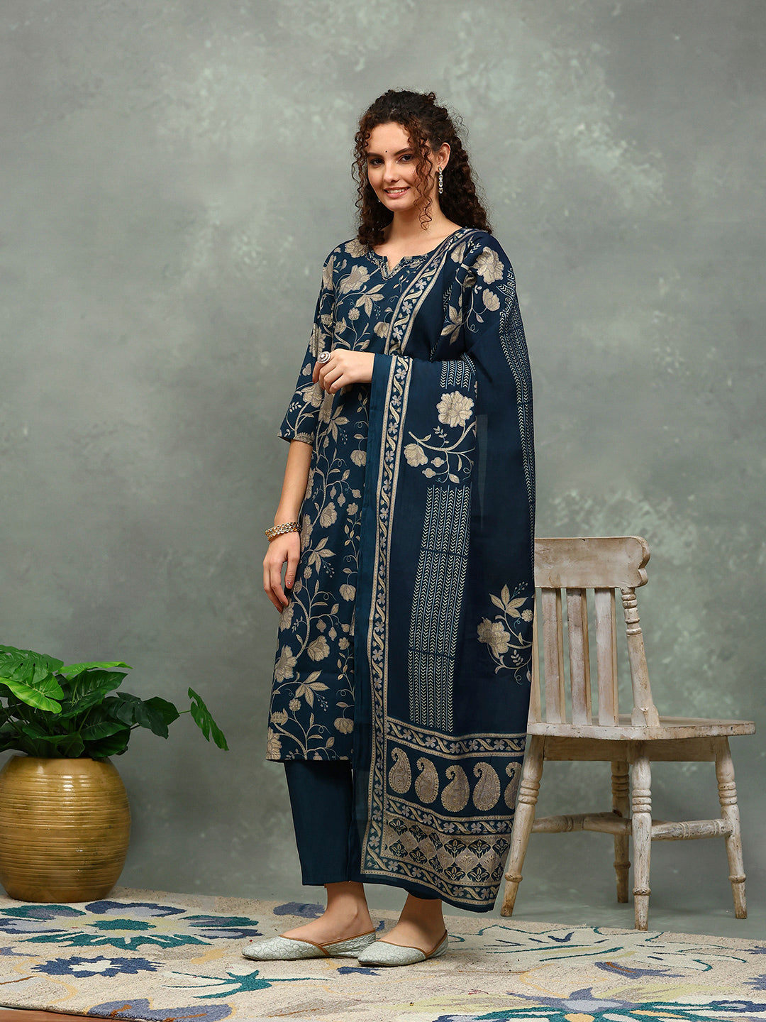 Printed Cotton Blend Kurta With Pants &amp; Dupatta
