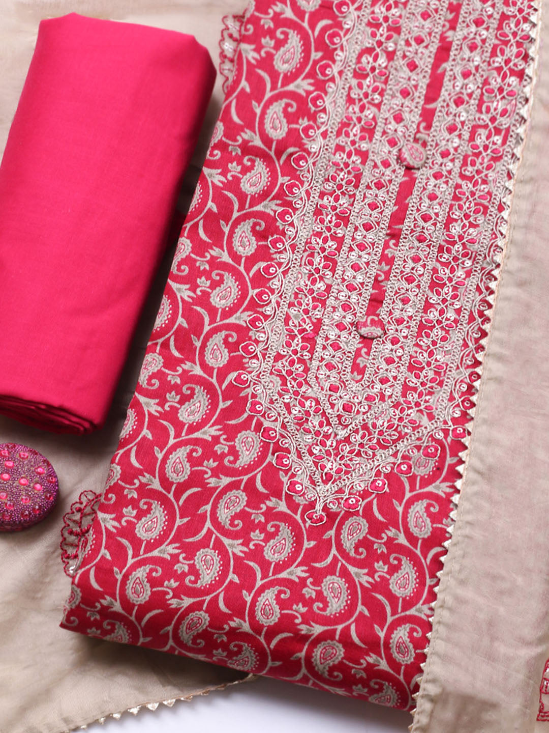 Embroidered Cotton Unstitched Suit With Pant &amp; Dupatta