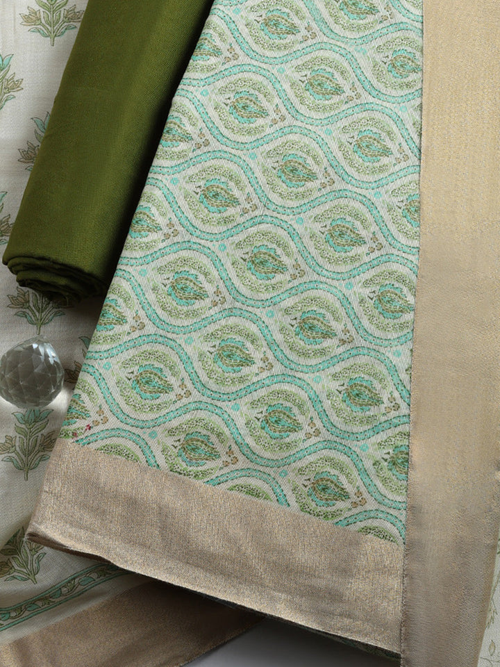 Printed, Chanderi Unstitched Suit With Pant &amp; Dupatta