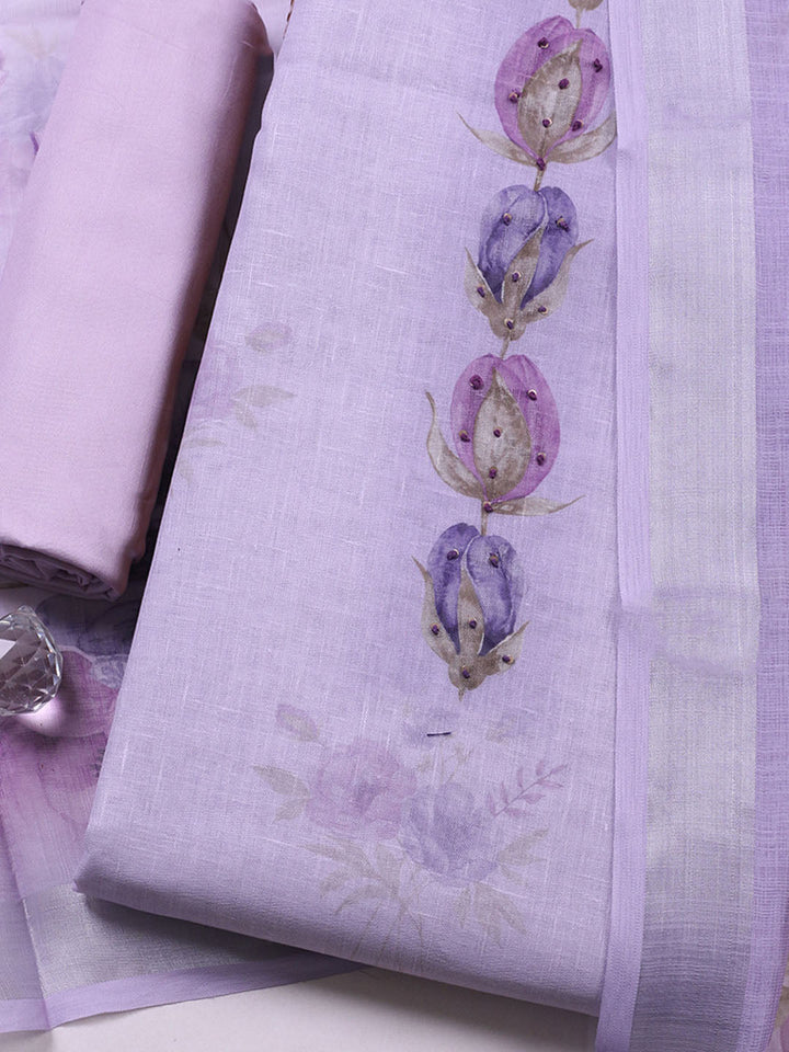 Embroidered Linen Blend Unstitched Suit With Pant &amp; Dupatta