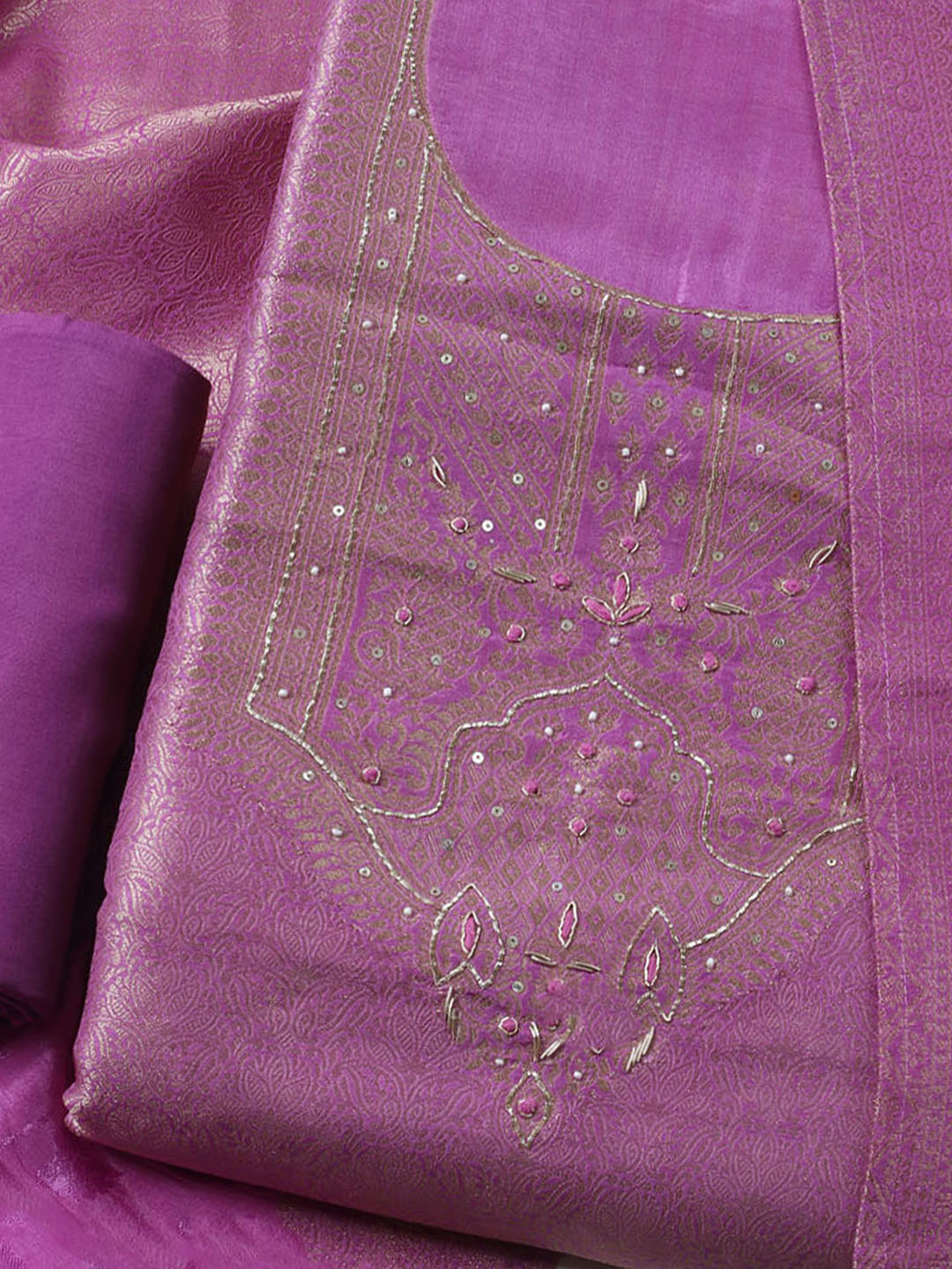 Embroidered Chanderi Unstitched Kurta With Pant &amp; Dupatta