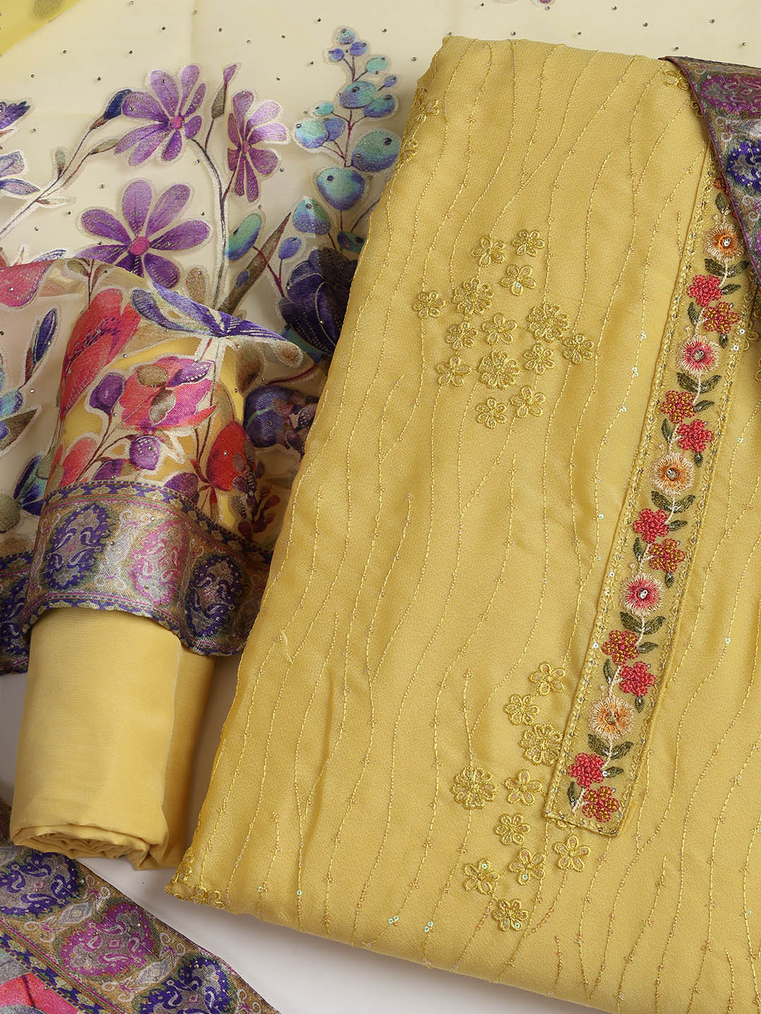 Embroidered Chinon Unstitched Suit With Dupatta
