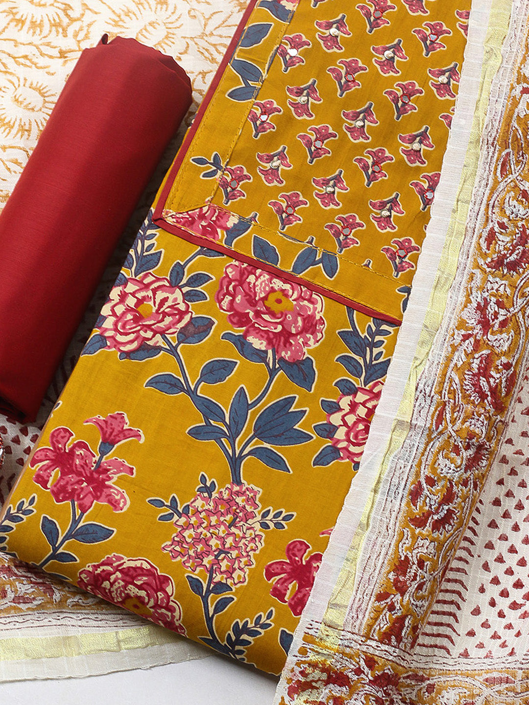 Printed Cotton Blend Unstitched Suit With Pant &amp; Dupatta