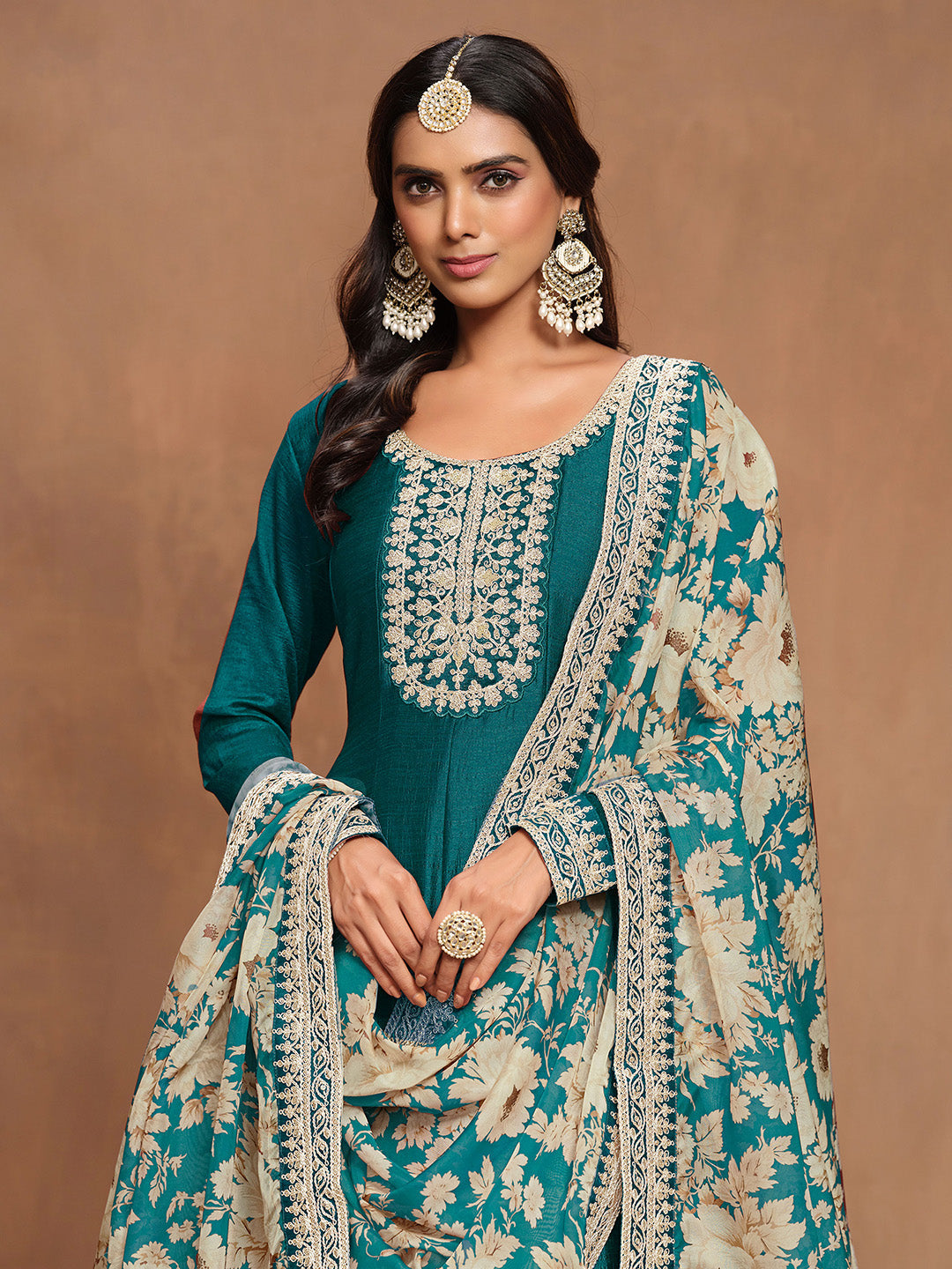 Embroidered Art Silk Semi Stitched Gown With Dupatta