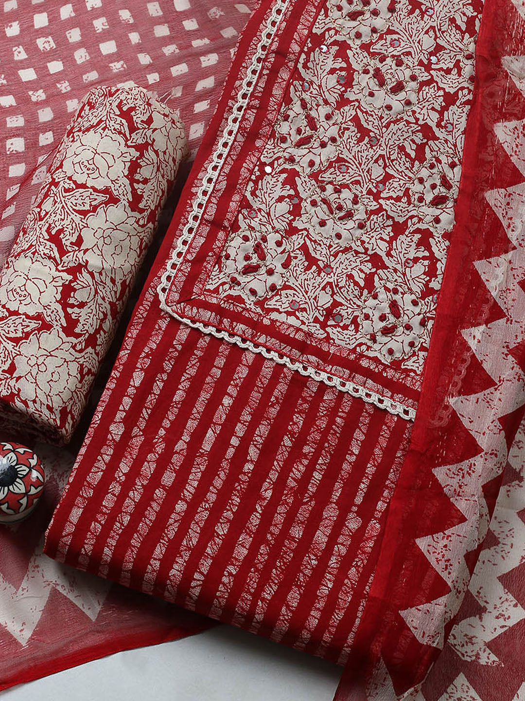 Embroidered Cotton Blend Unstitched Suit With Pant &amp; Dupatta