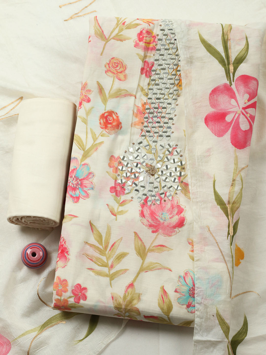 Embroidered Cotton Blend Unstitched Suit With Pant &amp; Dupatta