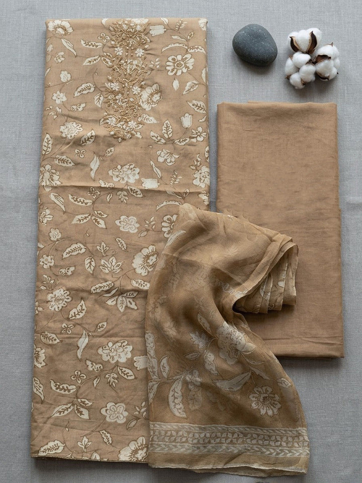 Printed Cotton Blend Unstitched Suit With Pant &amp; Dupatta