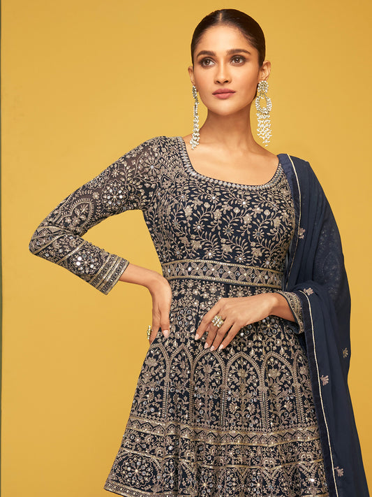 Zari,Resham,Sequins Work Georgette Straight Kurta Round Neck Lehenga