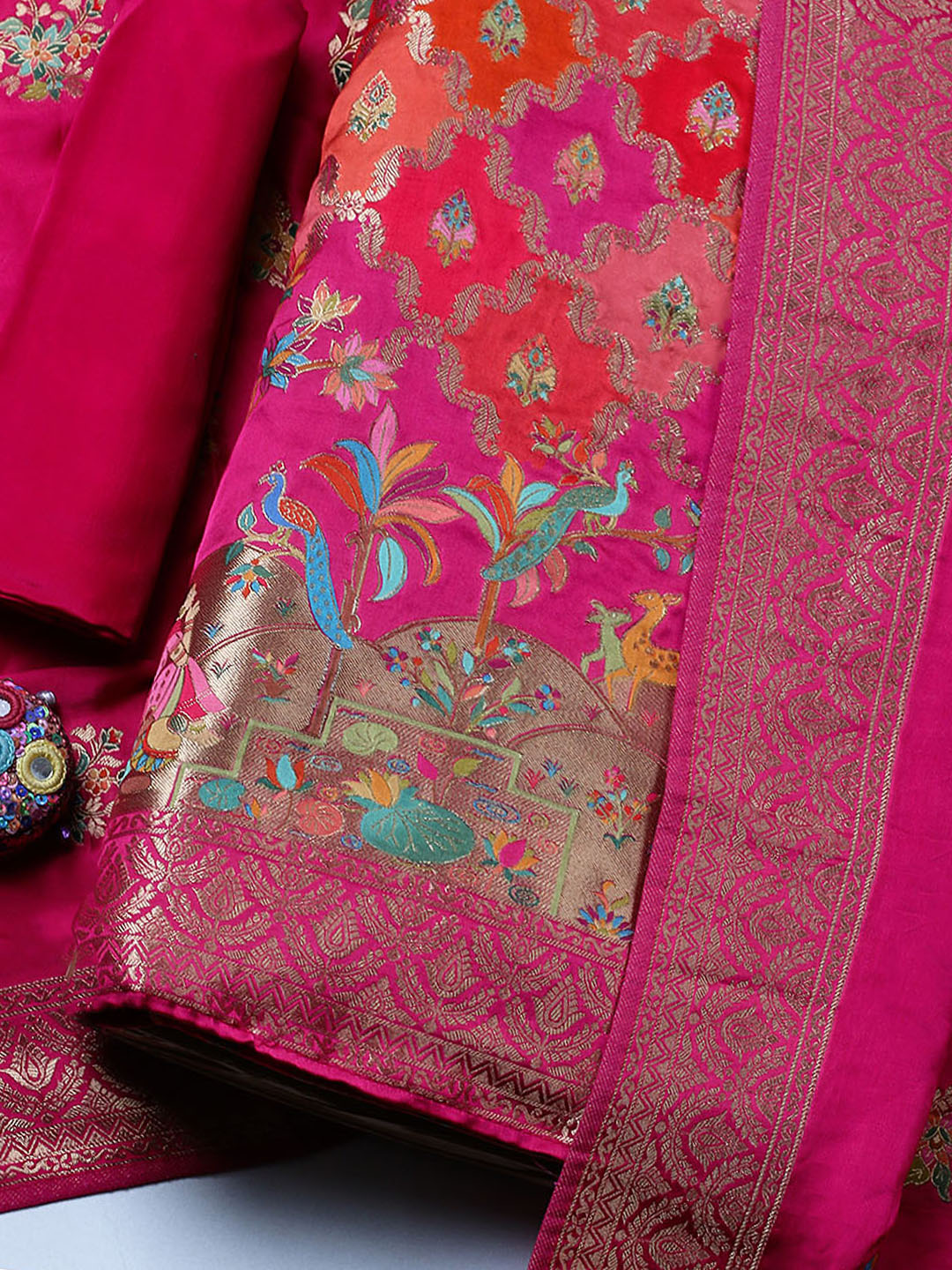 Woven Design Satin Unstitched Suit With Pant &amp; Dupatta
