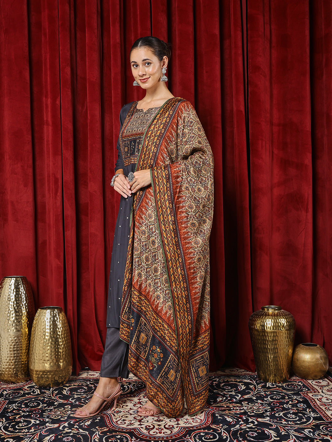 Printed Cotton Blend Kurta With Pants & Dupatta