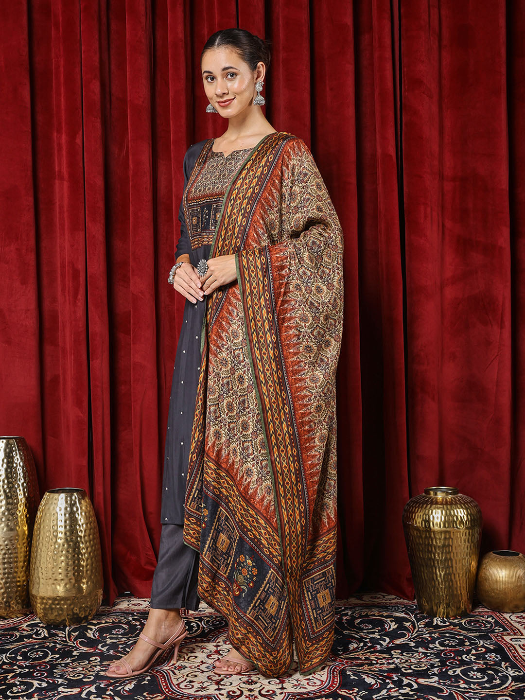 Printed Cotton Blend Kurta With Pants &amp; Dupatta