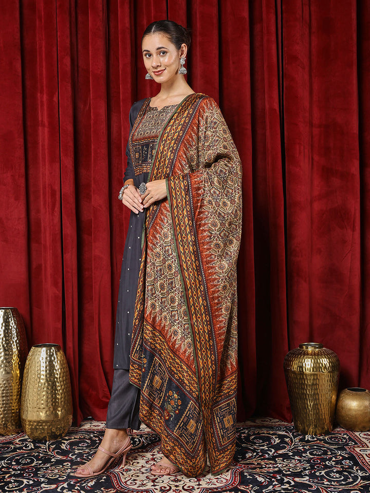 Printed Cotton Blend Kurta With Pants &amp; Dupatta