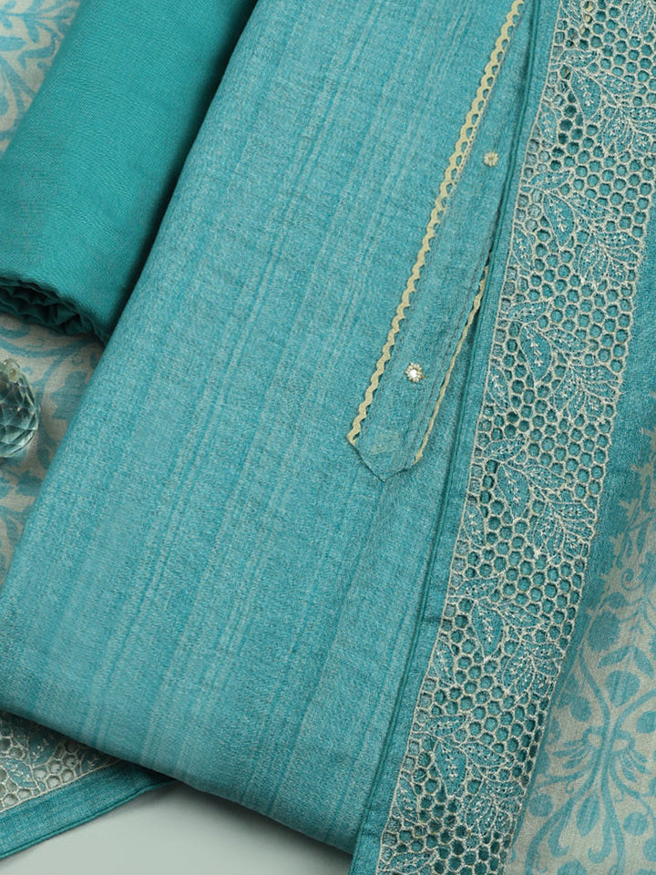 Embroidered Linen Blend Unstitched Suit With Pant &amp; Dupatta