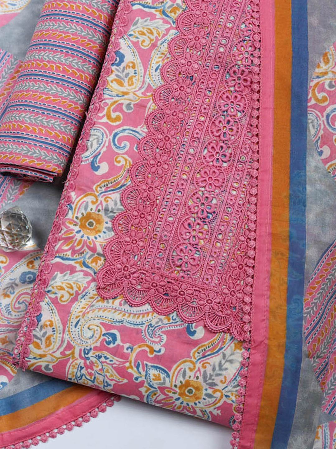 Embroidered Cotton Blend Unstitched Suit With Pant &amp; Dupatta
