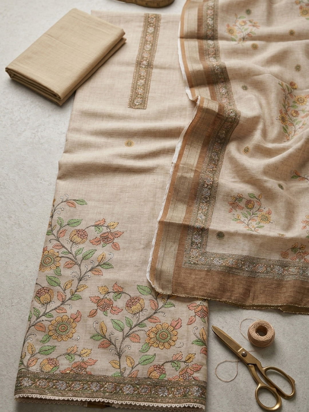 Embroidered Chanderi Unstitched Suit With Pant &amp; Dupatta