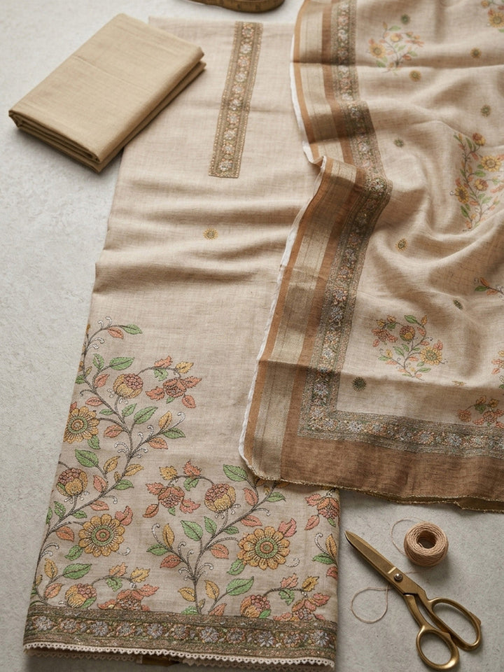 Embroidered Chanderi Unstitched Suit With Pant &amp; Dupatta
