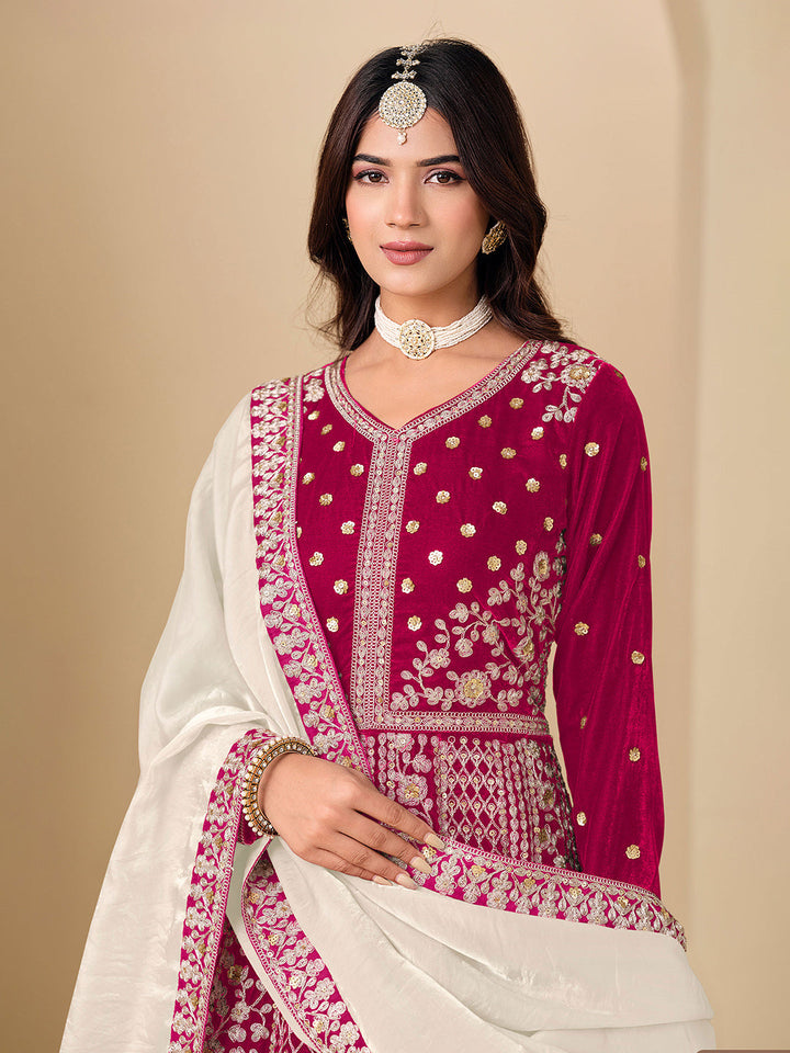 Embroidered Velvet Semi Stitched Kurta With Pant &amp; Dupatta