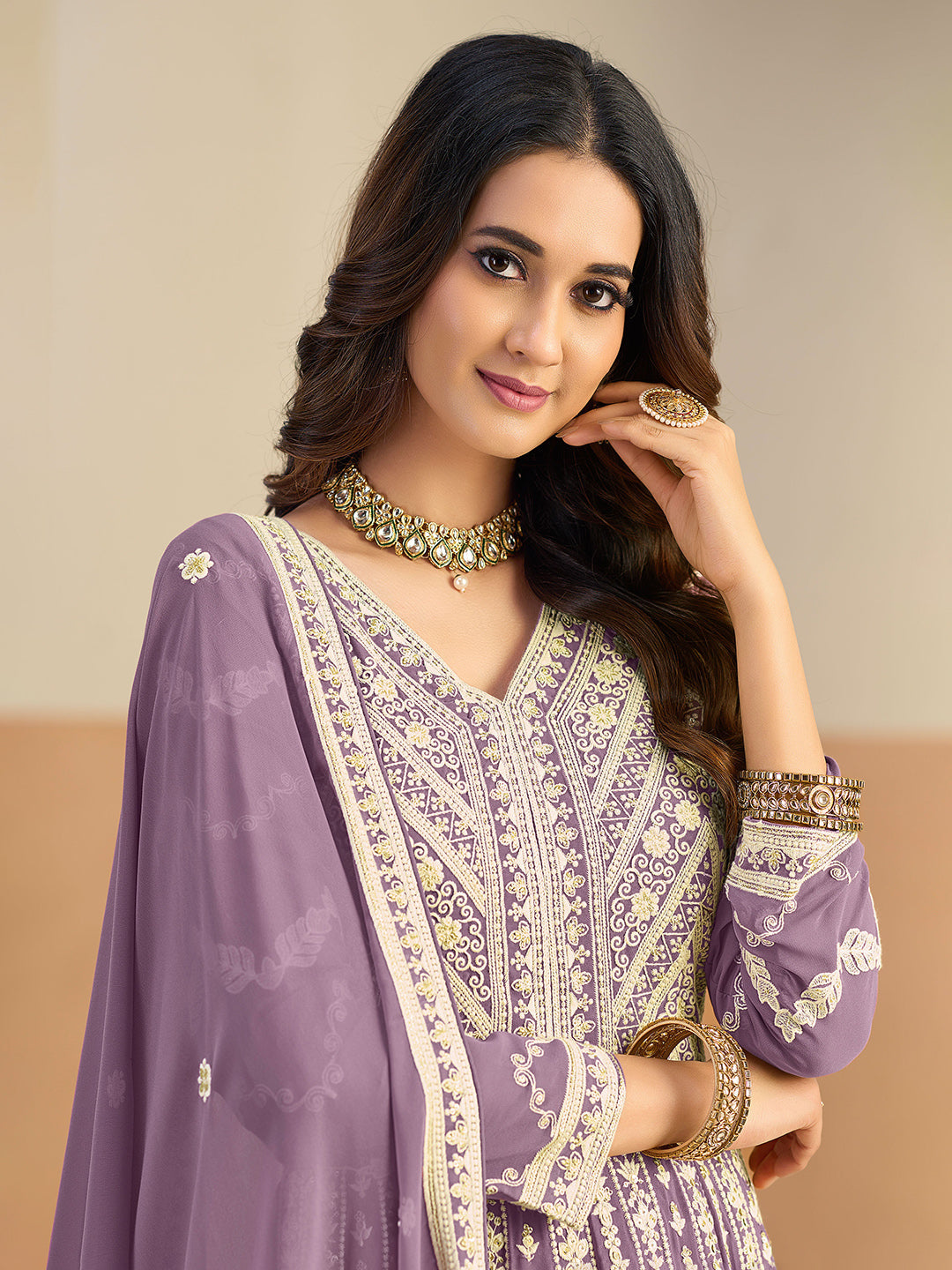 Embroidered Geogrette Semi Stitched Gown With Pant &amp; Dupatta