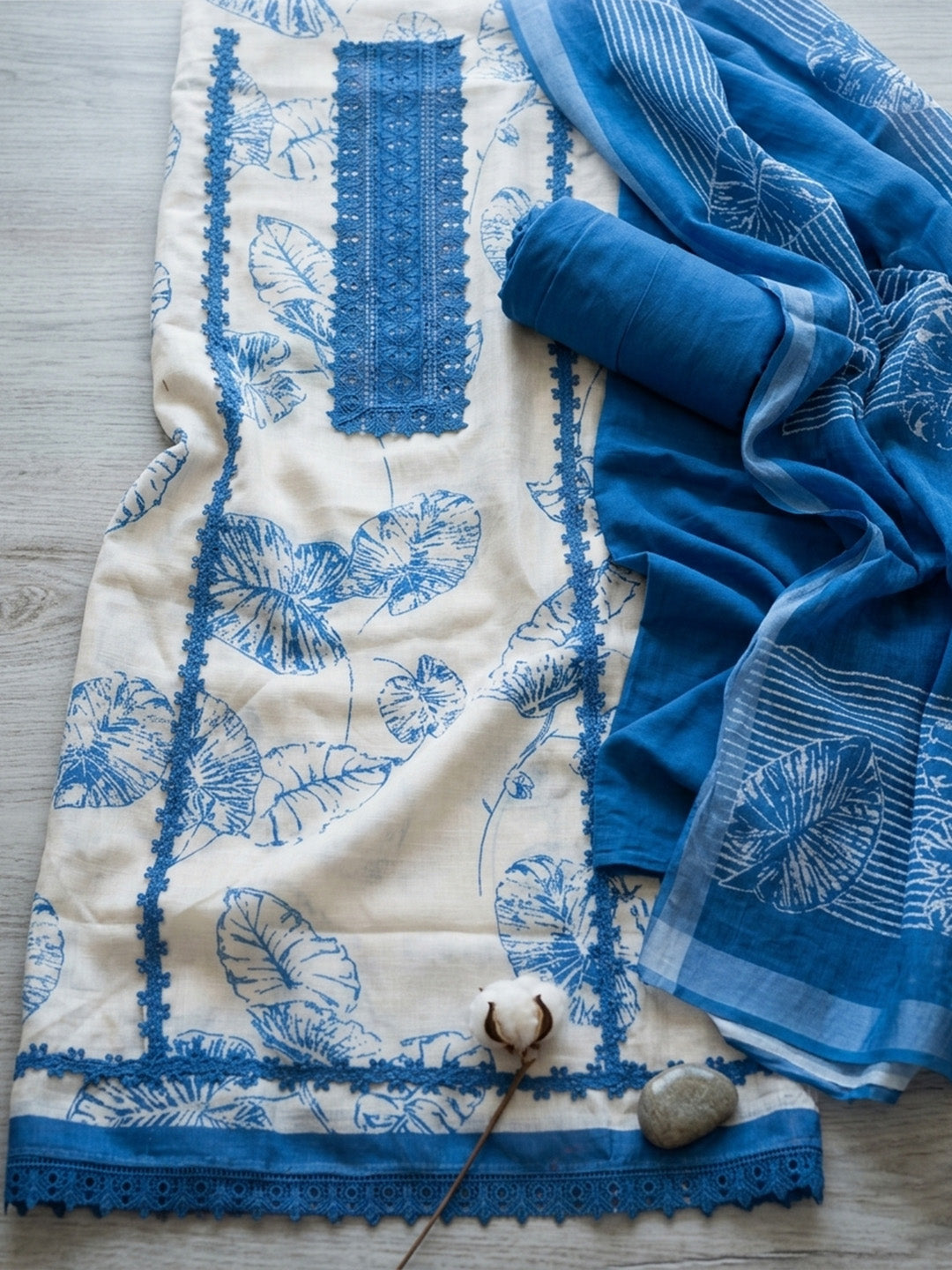 Printed Cotton Blend Unstitched Suit With Pant &amp; Dupatta
