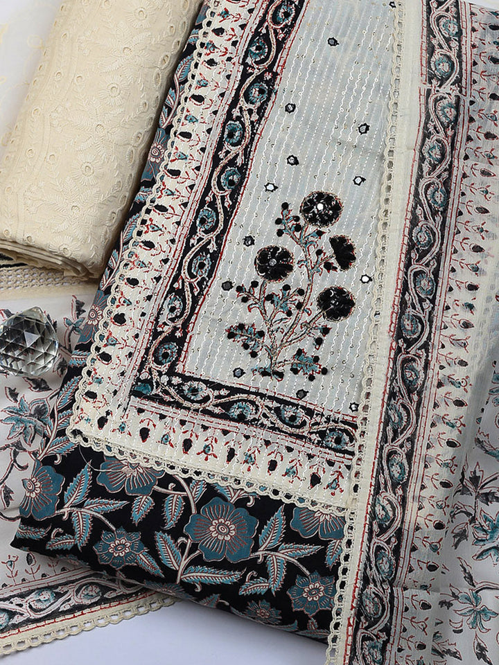 Embroidered Cotton Blend Unstitched Suit With Pant &amp; Dupatta
