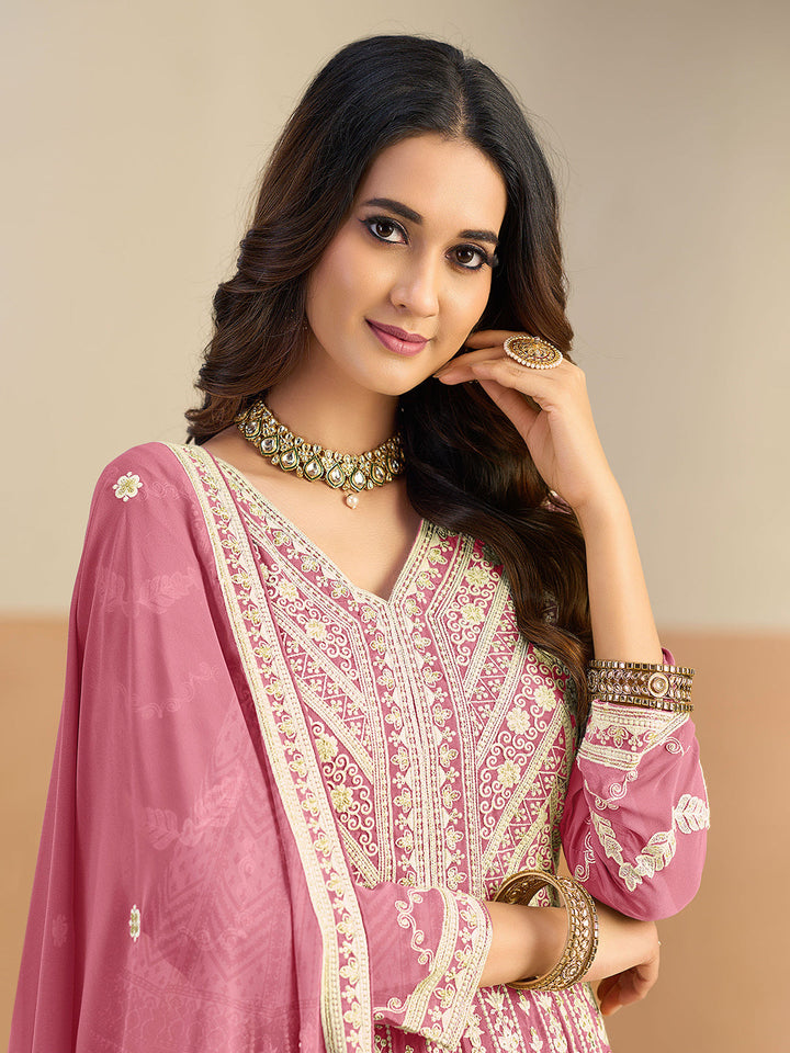 Embroidered Geogrette Semi Stitched Gown With Pant &amp; Dupatta