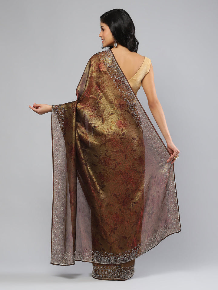 Printed &amp; Stone Border Chiffon Saree
