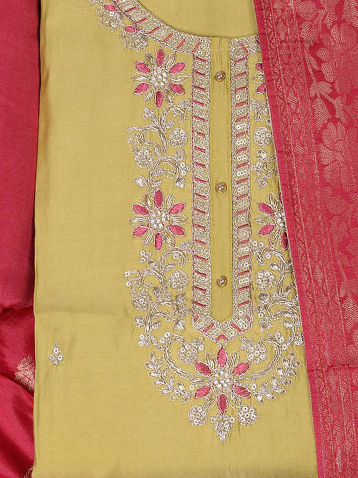 Embroidered Chanderi Unstitched Suit With Pant &amp; Dupatta