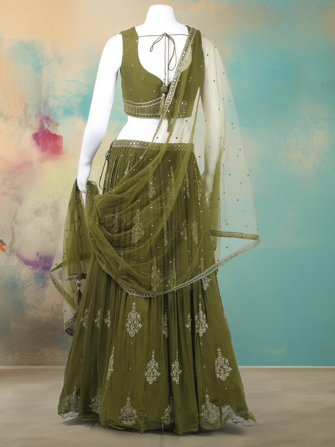 Resham Mirror Work Georgette Choli With Lehenga & Dupatta
