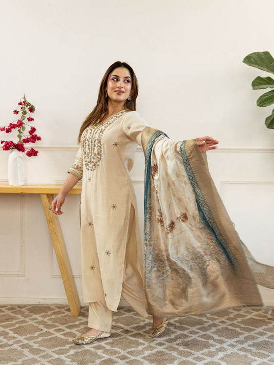 Neck Embroidered Muslin Kurta With Pants & Dupatta