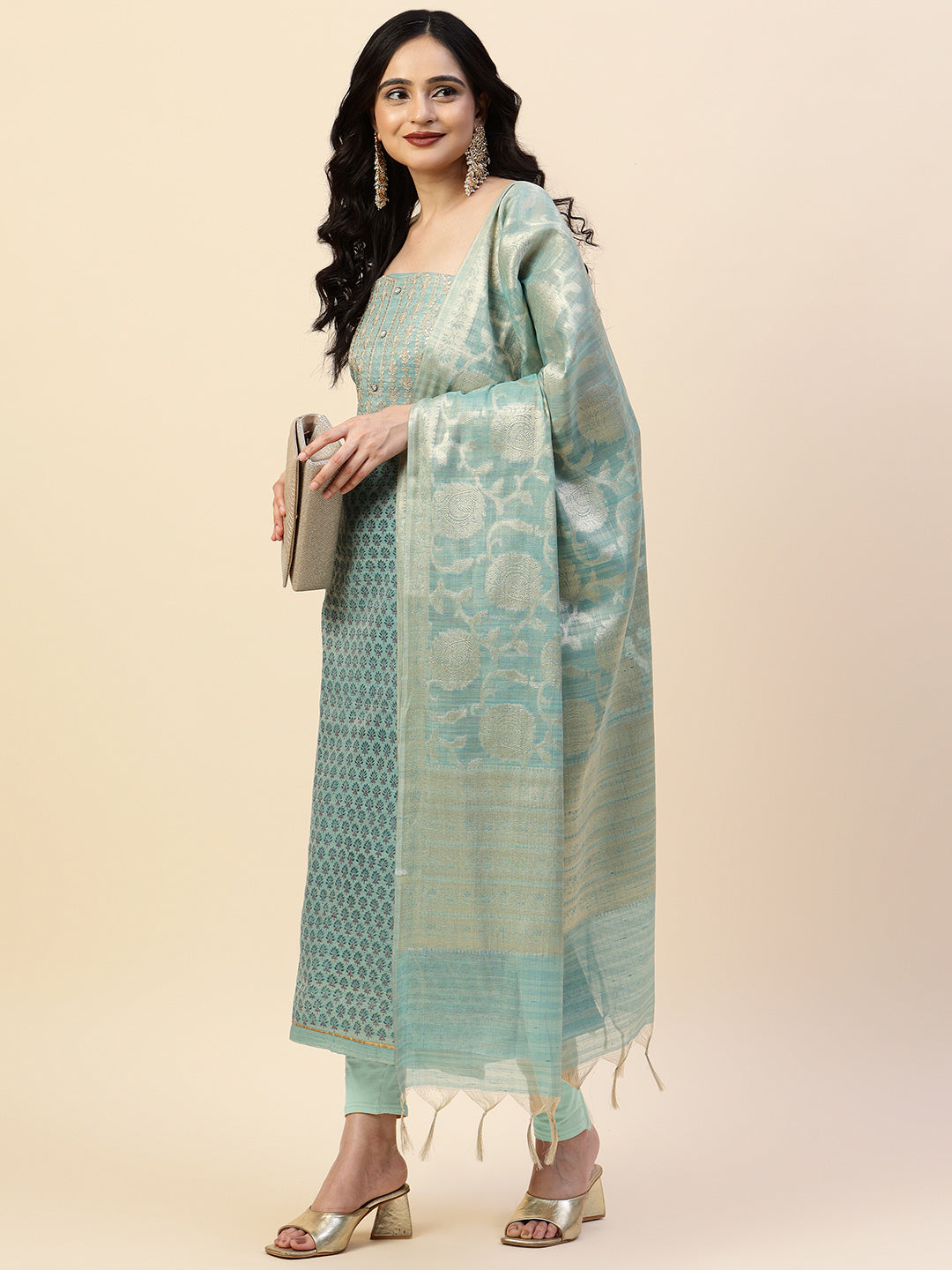 Printed & Neck Embroidered Unstitched Suit Piece With Dupatta