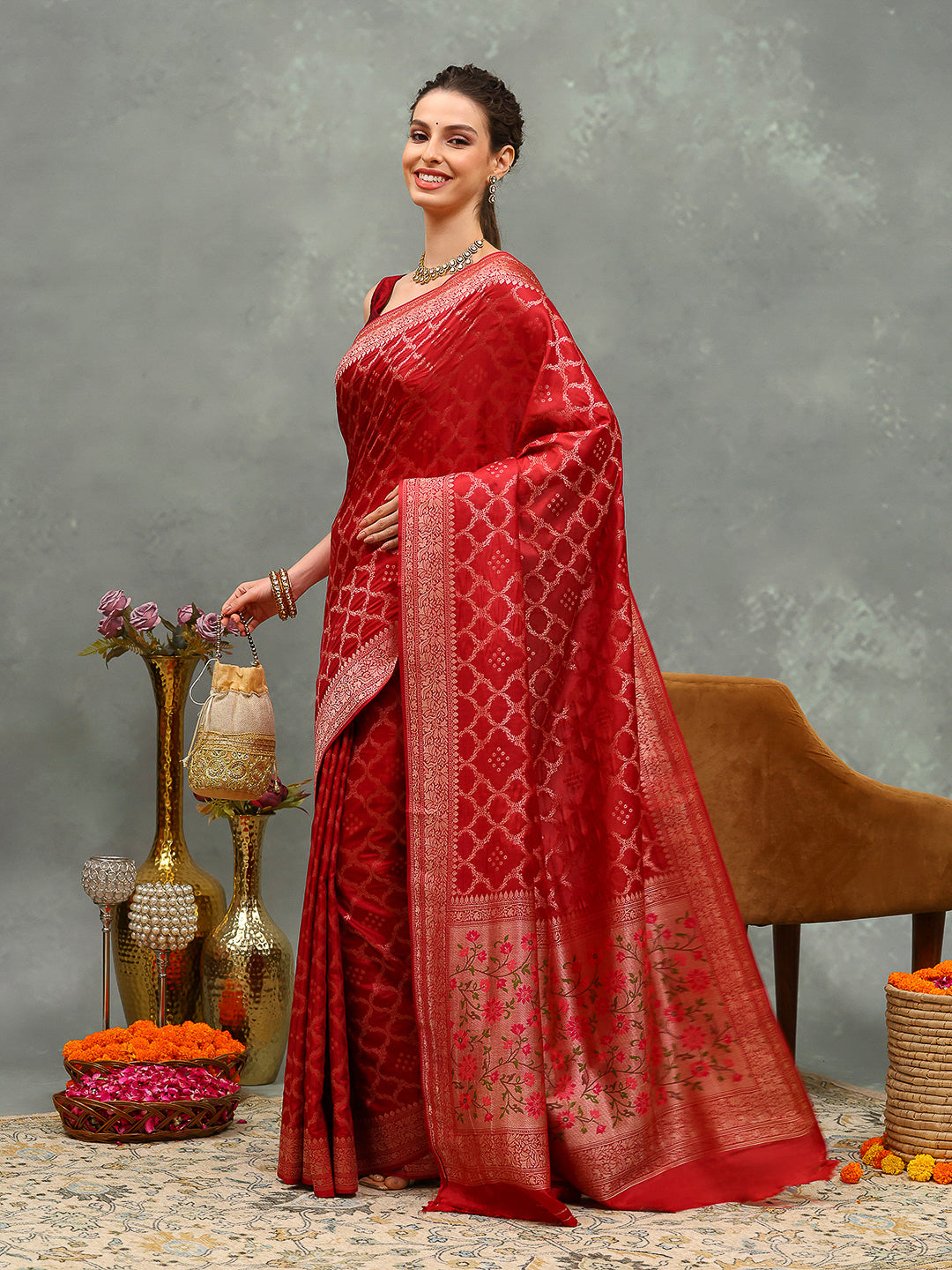 Zari Border Booti Art Silk Woven Saree
